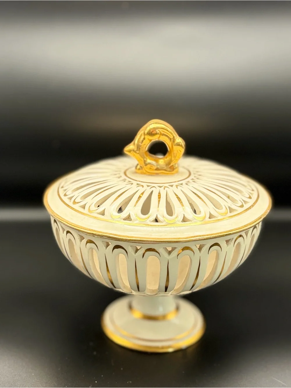 Vintage Reticulated Porcelain  Candy Dish w/ Lid Gold Trim (Italy) *Flaw*